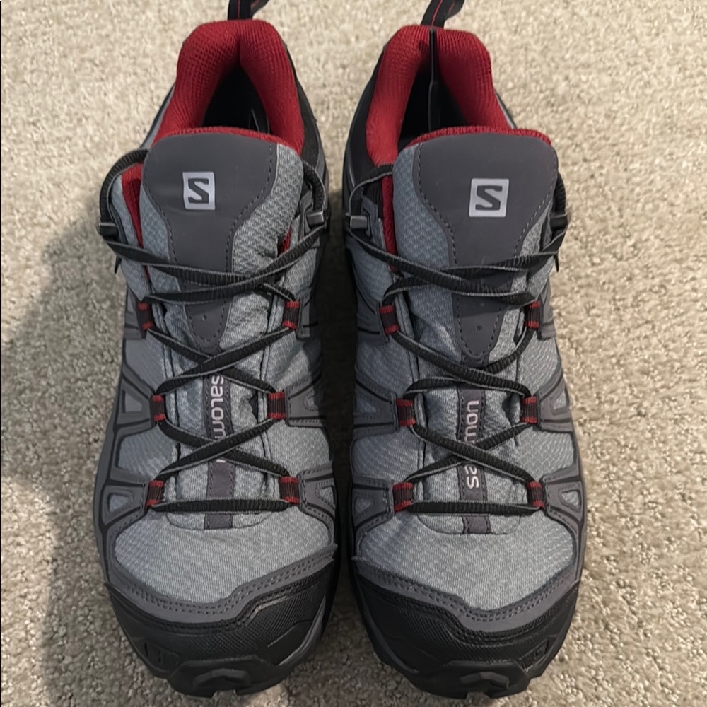 Salomon Gray and Red Athletic Shoes with Reinforced Toe Cap